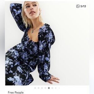 Free People Jaymes Midi BoHo Dress with Blue Floral Print